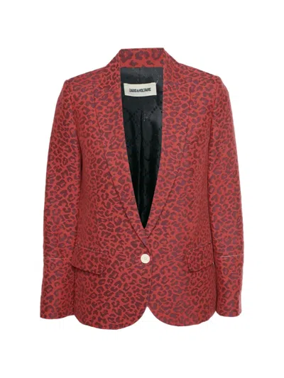 Pre-owned Zadig & Voltaire Leopard-jacquard Single-breasted Blazer In Red