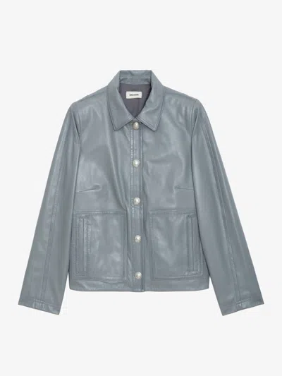 Zadig & Voltaire Litchi Leather Jacket In Gray