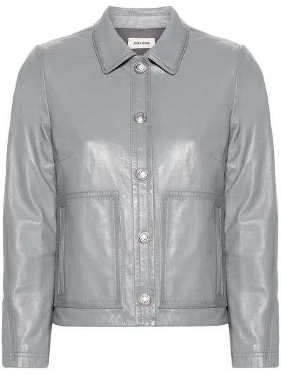 Zadig & Voltaire Litchi Leather Jacket In Grey