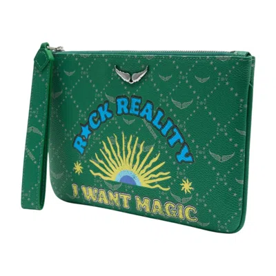 Zadig & Voltaire Logo-embroidered Textile Clutch In Green