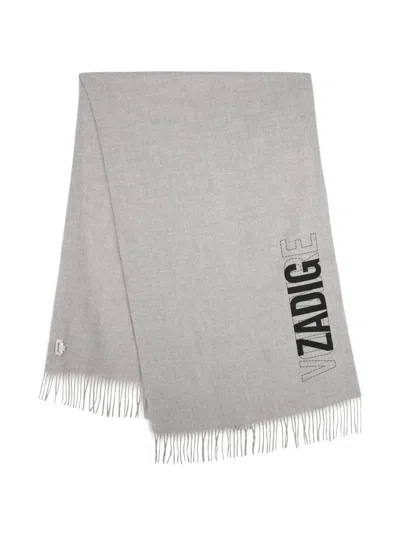 Zadig & Voltaire Logo-print Fringed Scarf In Gray