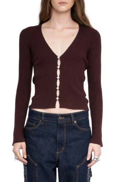 Zadig & Voltaire Lyana Crystal Button Wool Blend Cardigan In Burgundy