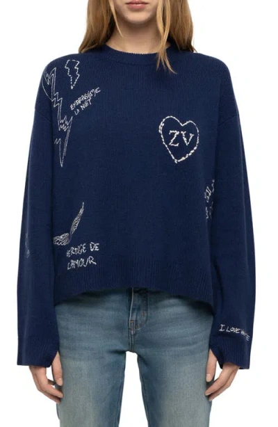Zadig & Voltaire Womens Markuz Brand-motif Cashmere Jumper Marine In Blue