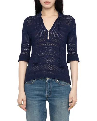 Zadig & Voltaire Womens Marine Mem Pointelle Tie-neck Cotton Top In Blue