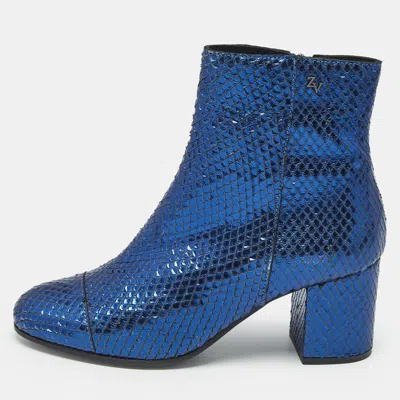 Pre-owned Zadig & Voltaire Metallic Blue Python Embossed Leather Lena Ankle Boots Size 37