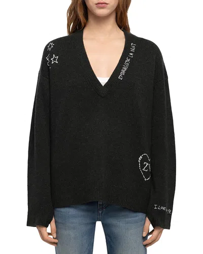 Zadig & Voltaire Mikyz Cashmere Embroidered V Neck Sweater In Black