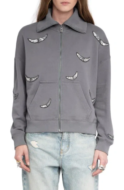 ZADIG & VOLTAIRE ZADIG & VOLTAIRE MILLY SEQUIN WINGS ZIP-UP COTTON FLEECE JACKET