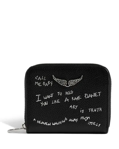 Zadig & Voltaire Mini Zv Graffiti Leather Zip Wallet In Black