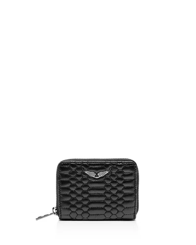 Zadig & Voltaire Mini Zv Mat Small Embossed Leather Wallet In Noir/silver