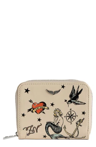Zadig & Voltaire Mini Zv Tattoo Leather Zip Around Wallet In Neutral