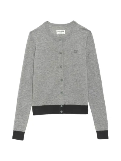 Zadig & Voltaire Missya Logo-embroidered Cashmere Cardigan In Gray