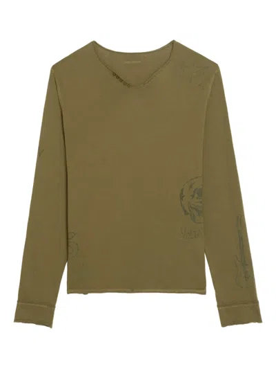 Zadig & Voltaire Monsatir Henley Button-detail Graphic Long-sleeve T-shirt In Green