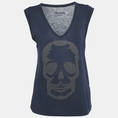 Pre-owned Zadig & Voltaire Navy Blue Skull Stud Cotton And Modal Knit Brooklyn Strass Top S
