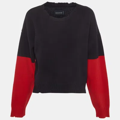 Pre-owned Zadig & Voltaire Navy Blue/red Colour Block Wool Distressed Sweater S