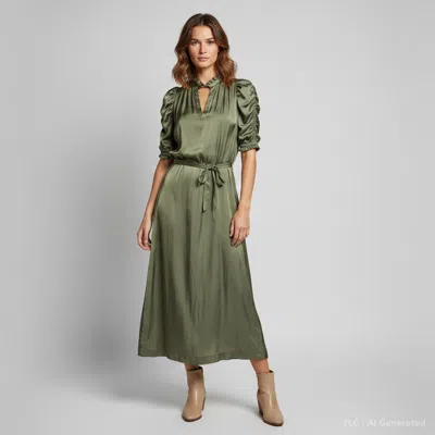 Pre-owned Zadig & Voltaire Olive Green Satin Ray Puff Sleeve Midi Dress L