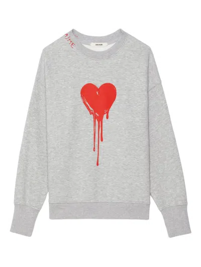 Zadig & Voltaire Womens Gris Chine Clai Oscar Heart-print Long-sleeve Cotton-jersey Sweatshirt In Gray