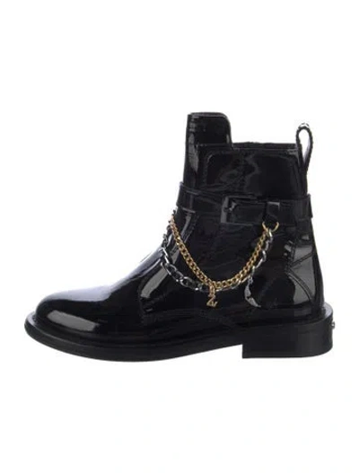 Pre-owned Zadig & Voltaire Patent Leather Chain-link Accents Chelsea Boots In Black
