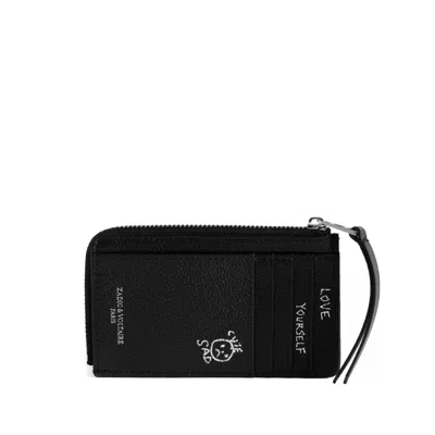 Zadig & Voltaire Zadig&voltaire Pebbled Leather With Graffiti Print Cardholder In Black