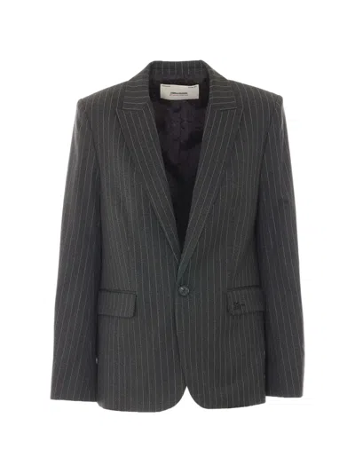 Zadig & Voltaire Pinstriped Embroidered-logo Blazer In Black