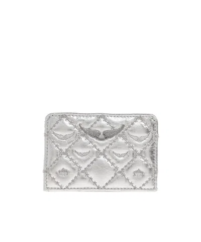Zadig & Voltaire Quilted Leather Card Holder In Silver