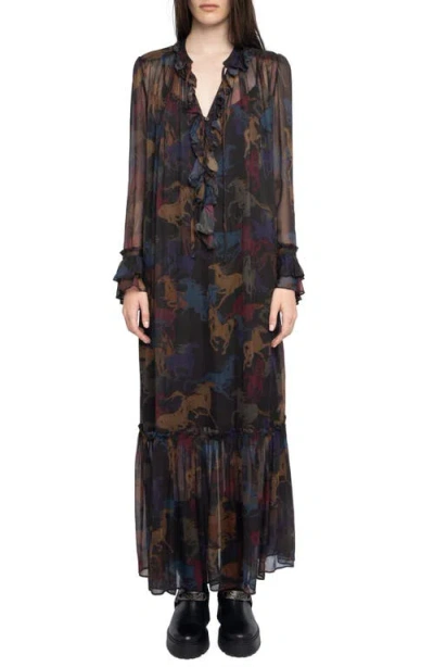 Zadig & Voltaire Ralicel Horse Print Long Sleeve Dress In Brown