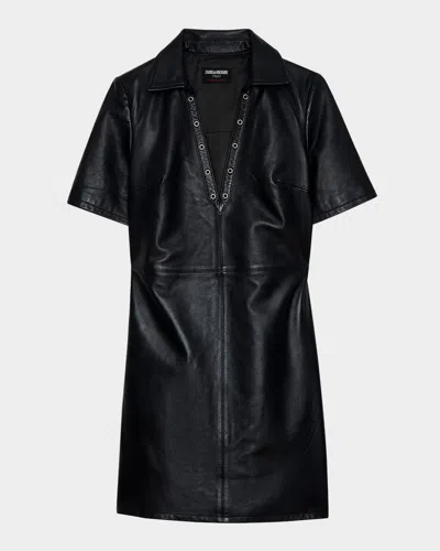 Zadig & Voltaire Ralmy Grommet Embellished Leather Mini Dress In Black