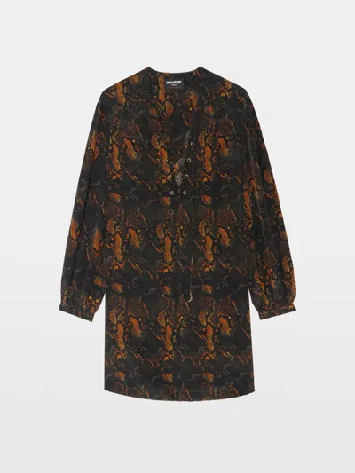 Zadig & Voltaire Ramela Snakeskin Print Long Sleeve Silk Minidress In Black