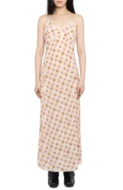 Zadig & Voltaire Ramelil Mirror Flowers Lace Trim Crepe Slipdress In Neutral