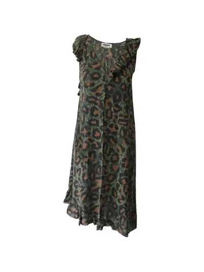 Pre-owned Zadig & Voltaire Rebelle Leopard-print Asymmetric Midi Dress In Green