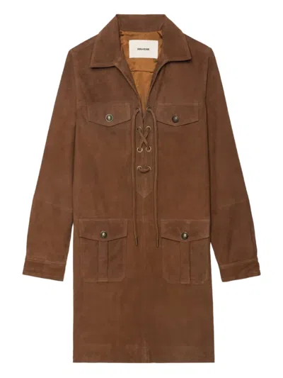 Zadig & Voltaire Remacha Long Sleeve Suede Shirtdress In Brown