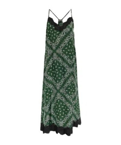 Zadig & Voltaire Respa Silk Bandana Lace Trim Midi Dress In Green