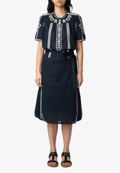 Zadig & Voltaire Rigy Embroidered Midi Dress In Blue