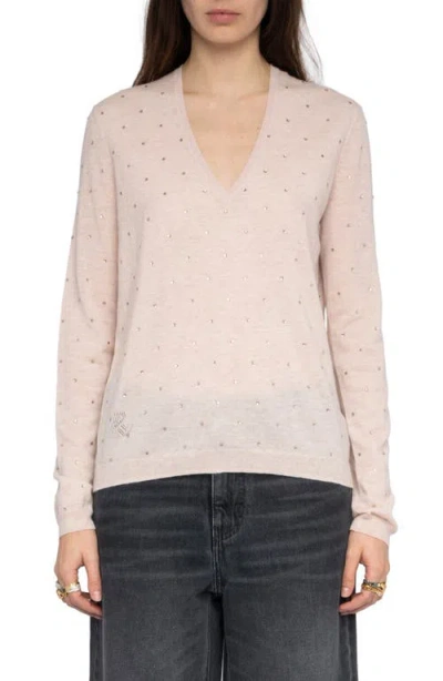 Zadig & Voltaire Rivy Rhinestone Emellished Cashmere V-neck Sweater In Silver