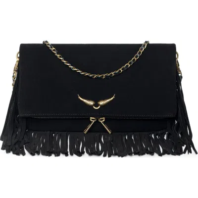 Zadig & Voltaire Rock Suede Fringe Crossbody Bag In Black