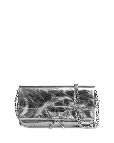 Zadig & Voltaire Rock Vintage Effect Metallic Leather Clutch In Silver