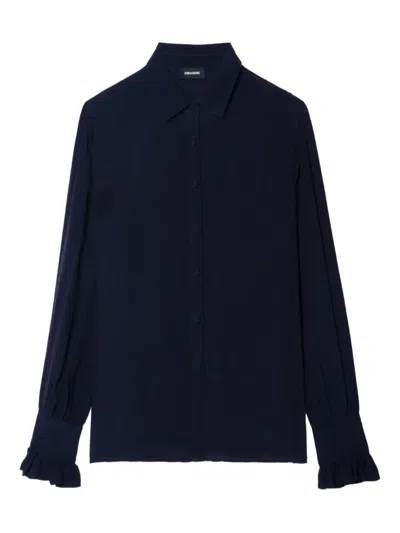 Zadig & Voltaire Womens Encre Ruffled-cuffs Long-sleeves Woven Shirt In Blue