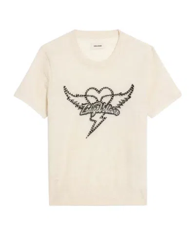 Zadig & Voltaire Idal Aero Heart Crystal Embellished Short Sleeve Cashmere Graphic Sweater In White