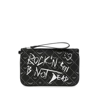 Zadig & Voltaire Slogan-print Grained-leather Clutch Bag In Black