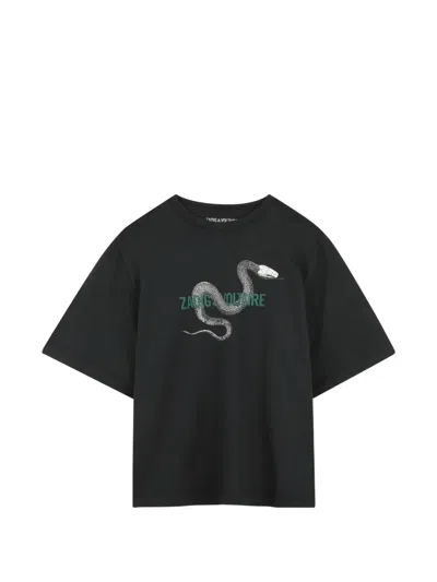 Zadig & Voltaire Kids' Snake-print Logo-print T-shirt In Black