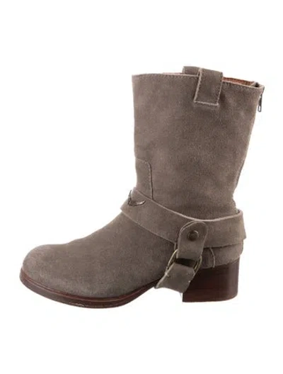 Pre-owned Zadig & Voltaire Suede Studded Accents Moto Boots In Gray