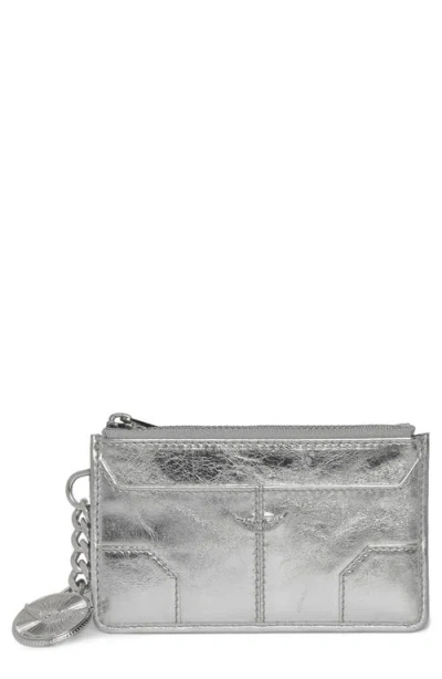 Zadig & Voltaire Sunny Metallic Leather Zip Card Case In Silver