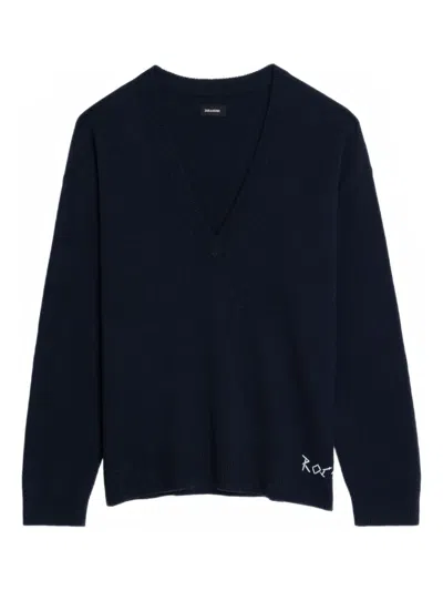 Zadig & Voltaire Swyny V-neck Embroidered Sweater In Blue