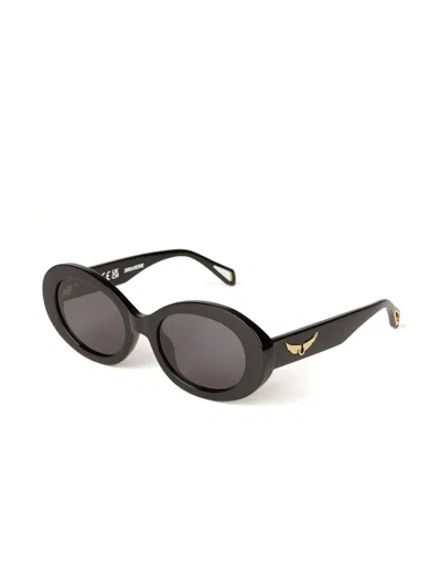Zadig & Voltaire Szv460 Oval Acetate Sunglasses In Black