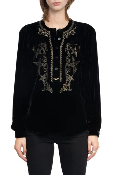 ZADIG & VOLTAIRE ZADIG & VOLTAIRE TIGY EMBROIDERED VELVET POPOVER SHIRT