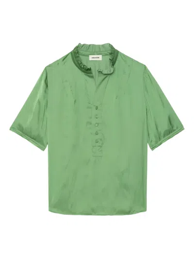 Zadig & Voltaire Topher Ruffle Neck Satin Popover Top In Green