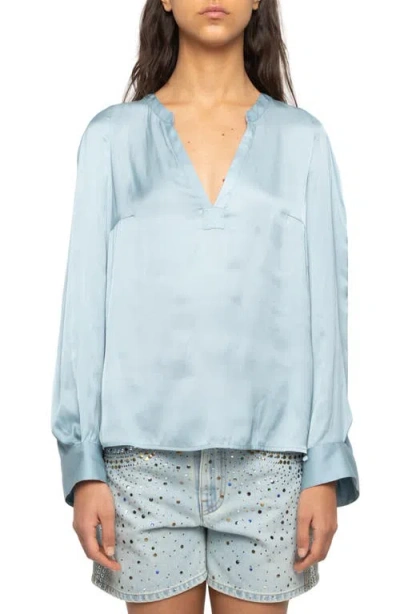 Zadig & Voltaire Torny Satin Split Neck Top In Blue