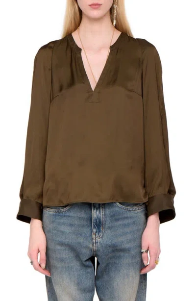Zadig & Voltaire Torny Satin Split Neck Top In Green