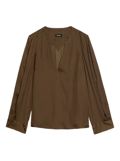 Zadig & Voltaire Torny V-neck Satin Blouse In Green