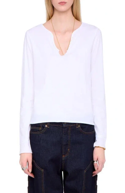 Zadig & Voltaire Tuni Wings Strass Long Sleeve Cotton Keyhole T-shirt In White