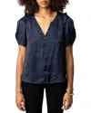 Zadig & Voltaire Twity Split Neck Pleated Satin Top In Blue